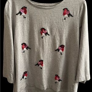 Talbots Women’s Gray Tee shirt with beaded bird accents. Size Large